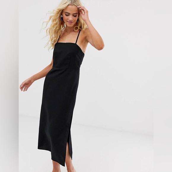 & Other Stories Linen Blend Criss Cross Strap Midi Black Dress - Picture 4 of 10